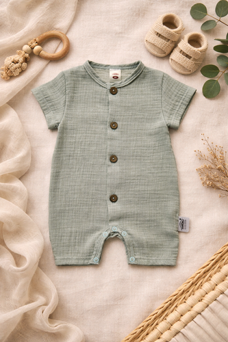 Baby Rampers Just Muslin 02235RM Makoma menta 100% algodón muselina, manga corta