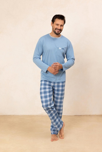 Regina 488 - pijama de algodón azul de manga larga para hombre, corte clásico