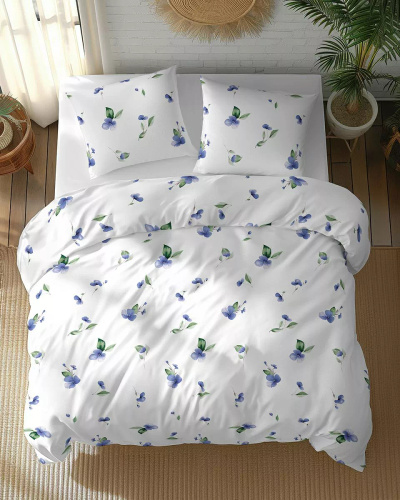 5769 B Algodón Bloom Detexpol ropa de cama blanca con flores azules con hojas verdes - 100% algodón, doble cara, producción polaca
