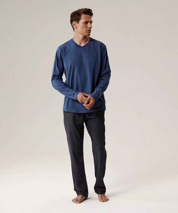 Pijama de hombre NMP-389 Atlantic - algodón azul, manga larga, elegante conjunto para las noches frías