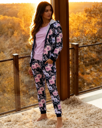 355/464 Pijama de mujer Maddie Cornette - Azul marino 3 piezas con blusa con flores y sudadera con capucha