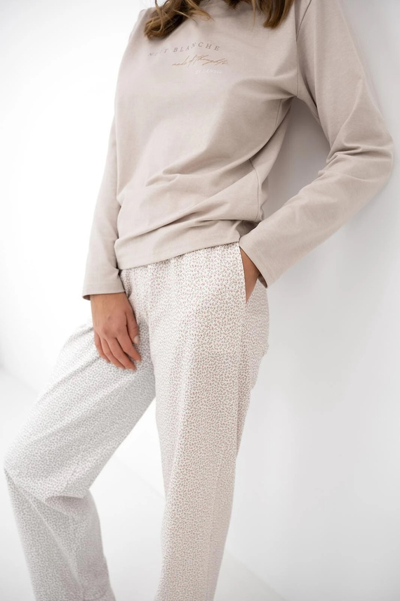 Pijama de mujer Sensis Lyanna beige de algodón con pantalones largos y estampado de flores