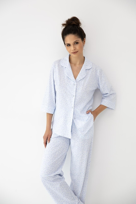Sensis Paloma pijama de mujer blanco azul - 100% algodón de primera calidad estampado floral, abotonado, cuello, pantalón largo, elegancia y comodidad para dormir
