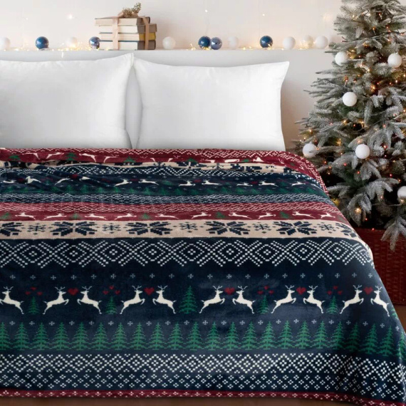 Eurofirany Manta de Navidad azul marino rojo con motivos escandinavos - colcha de microfibra suave, 240 g/m²
