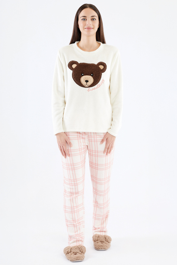 Madlen Pijama de mujer Sorbetto crudo - polar, con bordado de osito y pantalón a cuadros
