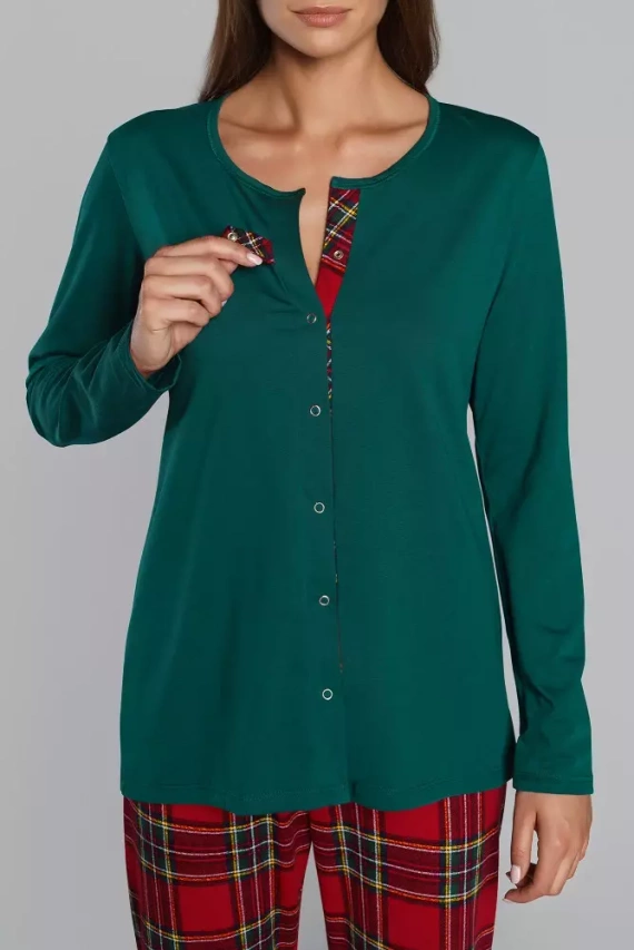 Pijama de mujer Zorza manga larga, pantalón Moda Italiana - verde/estampado