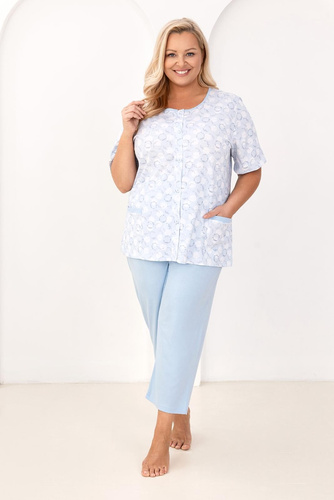 Pijama 738 Regina azul - de las mujeres de algodón a rayas, camisa con botones y bolsillos, pantalones 7/8