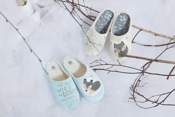 Fixy Sorbetto azul - cálidas zapatillas de mujer con suela antideslizante y estampado