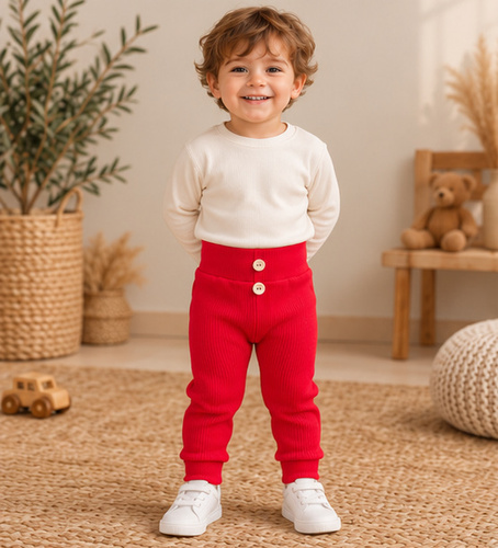 Leggings para niño LC015 rojos de algodón acanalados con botones de madera