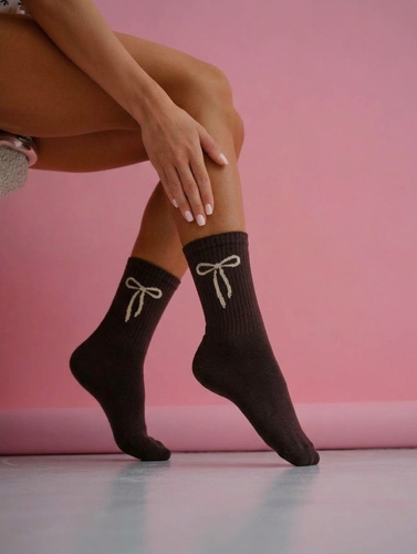 Calcetines de mujer Milena 0200-223 – de algodón, acanalados con lazo - marrones
