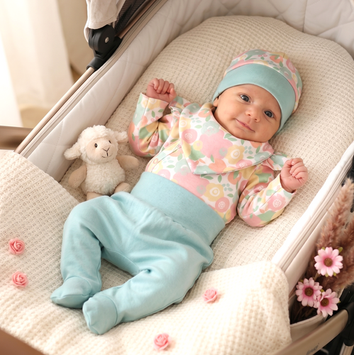 Conjunto bebé NINI Colorful Fruits algodón orgánico body polaina gorro niña