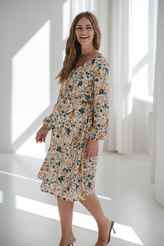 Lovely Dress Midi Milk&Love Vestido de maternidad y lactancia floral beige de lino, corte elegante con cremalleras de lactancia