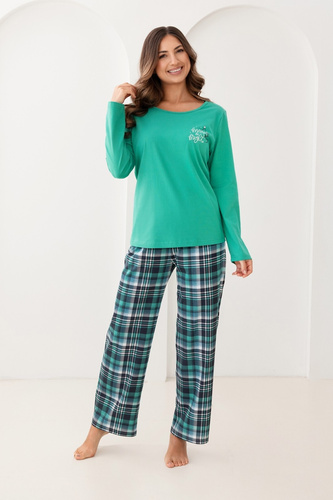 Pijama de señora Regina 743 verde - algodón, largo. manga, estampado, pantalón de cuadros