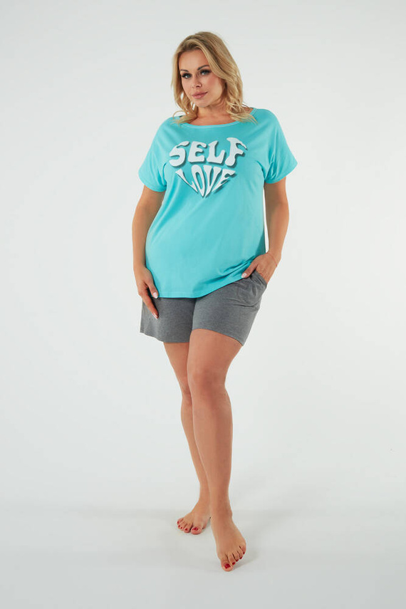 Selfie Pijama de manga corta para mujer, pantalón corto Moda Italiana - turquesa/melange