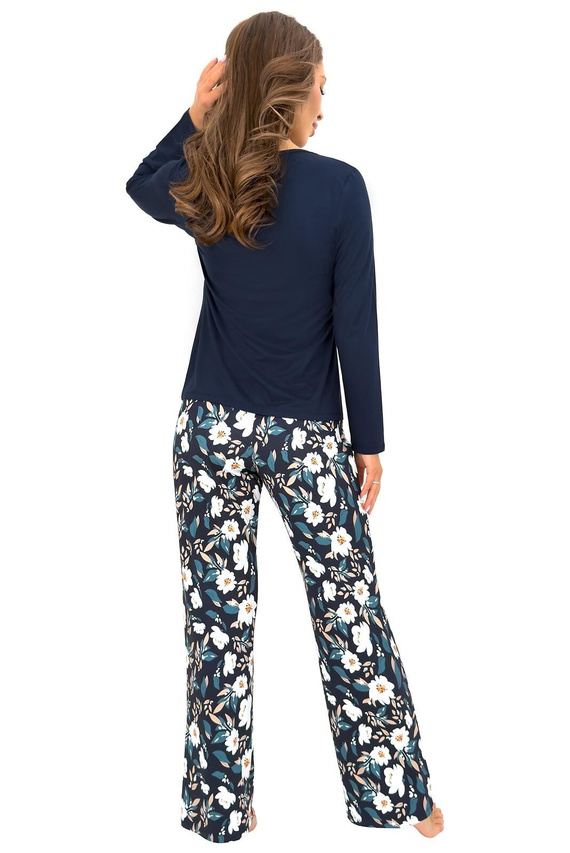 Donna Irene Long pijama larga de mujer azul marino de viscosa con encaje y flores