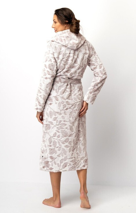 LGL 545 Bata de mujer Key ecru-mocca - suave, con capucha, atada a la cintura