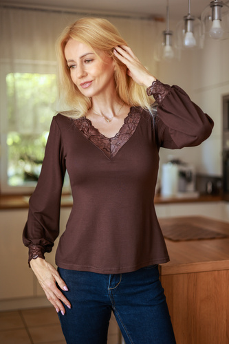 Mirale Harper Blusa de viscosa para mujer con encaje, escote en V y mangas abullonadas - marrón