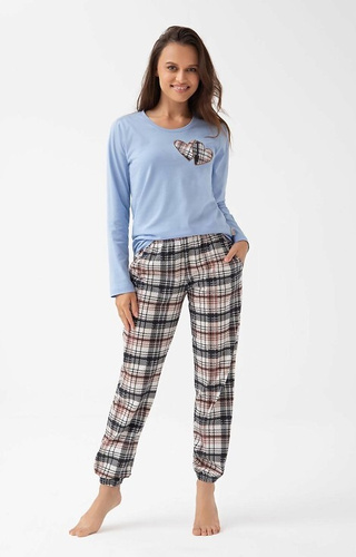 322 Luna azul - pijama de mujer de algodón, corazones, manga larga, pantalón a cuadros