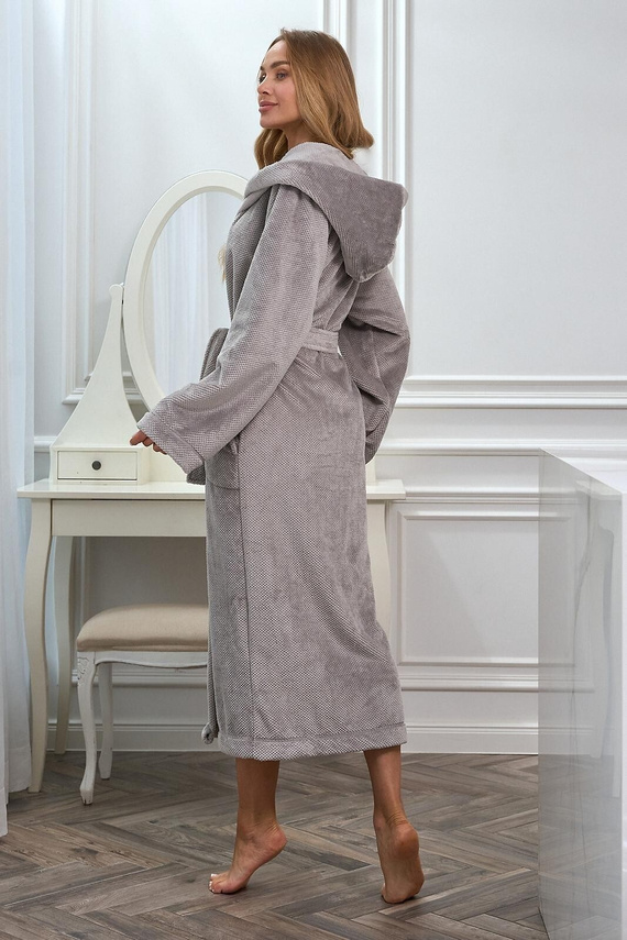 L&L 2602 Honey Bata larga de mujer con capucha, suave, atada, gris