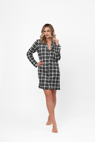 Camisón de señora Klara - manga larga, algodón, cuadros, desabrochado Moda Italiana