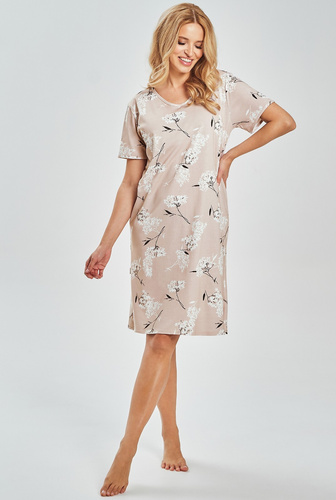 3538 Fiora Camisón de mujer Taro - 100% algodón, estampado floral, largo hasta la rodilla | Camisa ligera para el verano