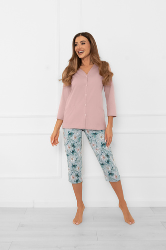 Pijama de señora Sekwoja - algodón, manga 3/4 y pantalón, con botones Moda Italiana