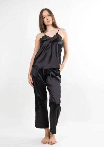 Pijama de satén Tila negro Dkaren - top y pantalón largo ropa de dormir mujer