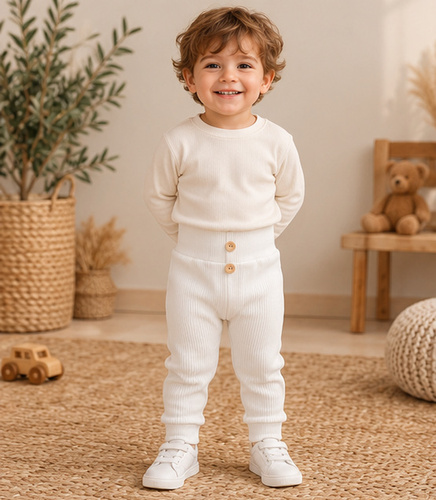 Leggings para niño LC002 ecru de algodón acanalados con botones para niño