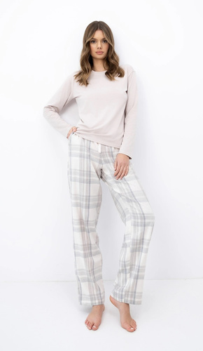 Pijama de mujer Sensis Sable beige de bambú, manga larga, pantalones a cuadros