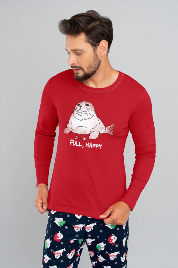 Pijama Elder Hombre manga larga, pantalón largo Moda Italiana- rojo/estampado azul marino