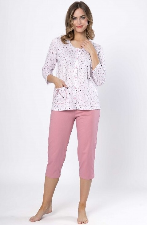Pijama de señora Dobrusia 1636 - algodón rosa, manga 3/4, abotonado