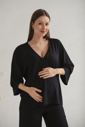 Mamafullness Blusa de embarazada para lactancia Milk&Love negra- viscosa, manga 3/4, oversize