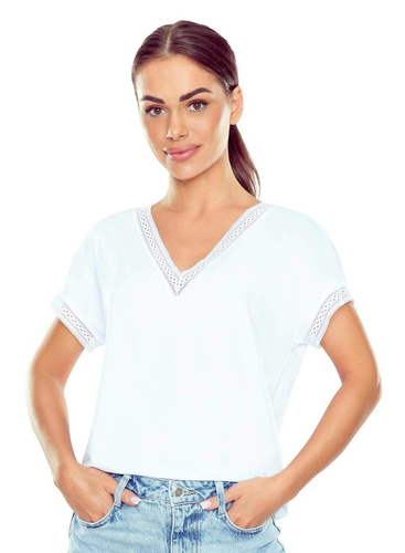 Elegante blusa de mujer Flaviana Eldar blanca | Cinta calada, escote en V, viscosa elástica | Ideal para estilismos informales