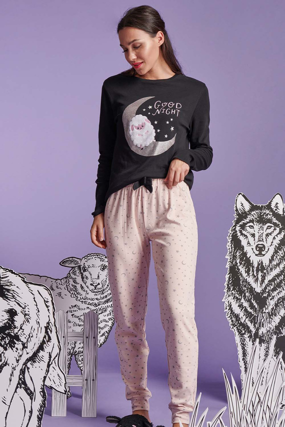 Shearly Pijama de mujer Sorbetto negro - 100% algodón, aplique 3D, pantalón con cordón