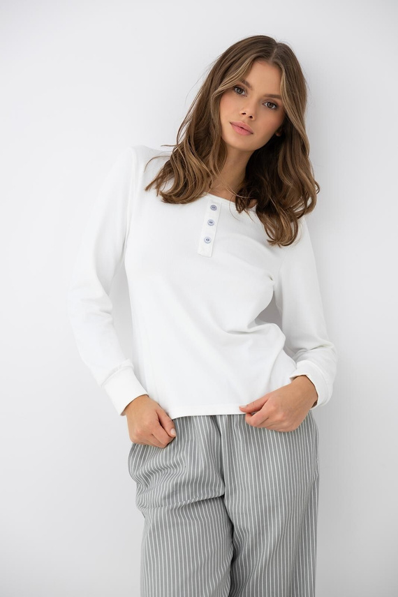 Sensis Salma pijama de mujer ecru-gris con manga larga y pantalones a rayas