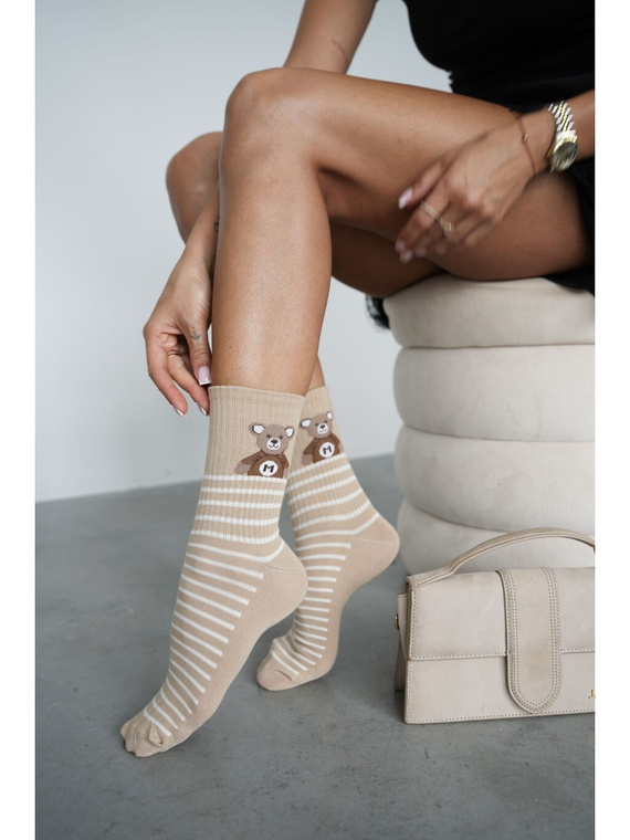 Calcetines de mujer Milena 0200-264 de algodón, sin compresión, con rayas y diseño de osito, color beige