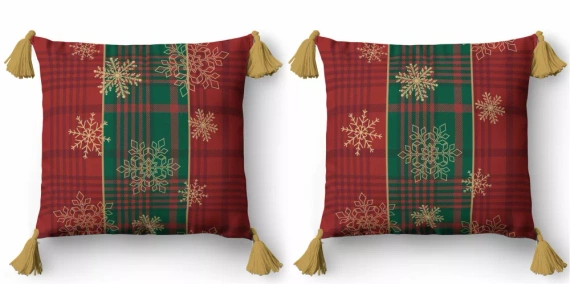 5382 Una funda de almohada decorativa de Navidad Deco Detexpol a cuadros rojos y verdes con copos de nieve dorados - cremallera