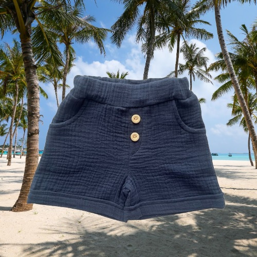 SZ55305 Mamatti pantalones cortos de muselina azul marino con bolsillos y botones para verano