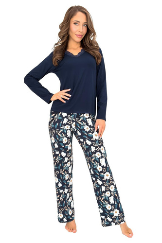 Donna Irene Long pijama larga de mujer azul marino de viscosa con encaje y flores