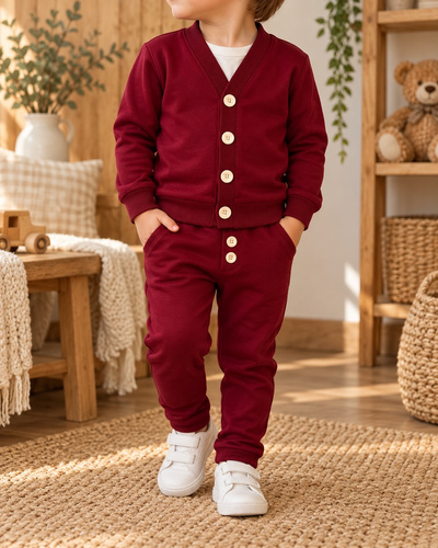 Komplet infantil Mamatti MK020 de algodón con cárdigan y pantalones con botones en color burdeos