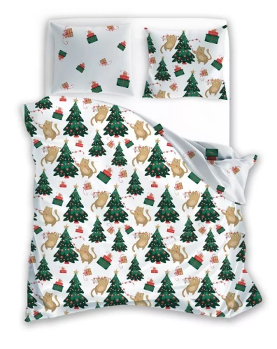 Holly Jolly 005 Faro ropa de cama de Navidad blanco verde árboles de Navidad - microfibra de satén, juego de cremallera