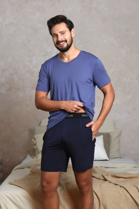 Dallas Pijama de manga corta para hombre, pantalón corto Italian Fashion- azul