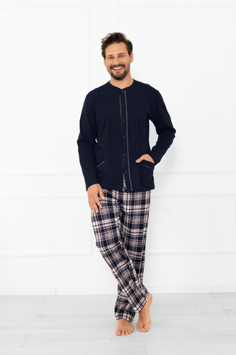 Pijama de hombre Sambor - algodón, top abotonado y pantalón a cuadros Moda Italiana - azul marino/estampado