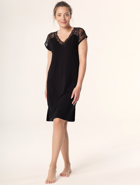 Camisón Petra KB59 Mefemi Nipplex negro - viscosa, encaje, manga corta, antes de la rodilla
