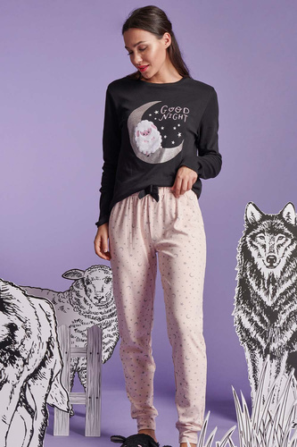 Shearly Pijama de mujer Sorbetto negro - 100% algodón, aplique 3D, pantalón con cordón