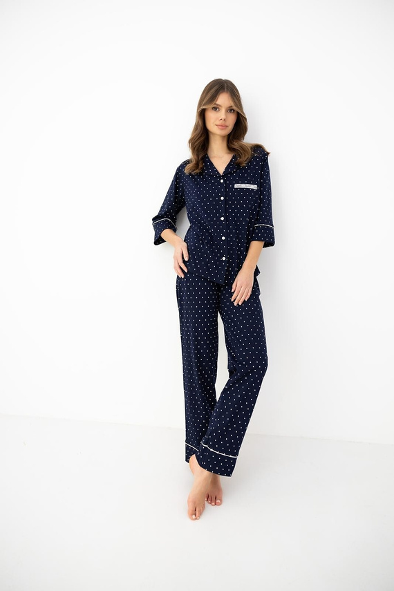 Pijama de mujer Sensis azul marino 100% algodón con cuello, botones y manga 3/4