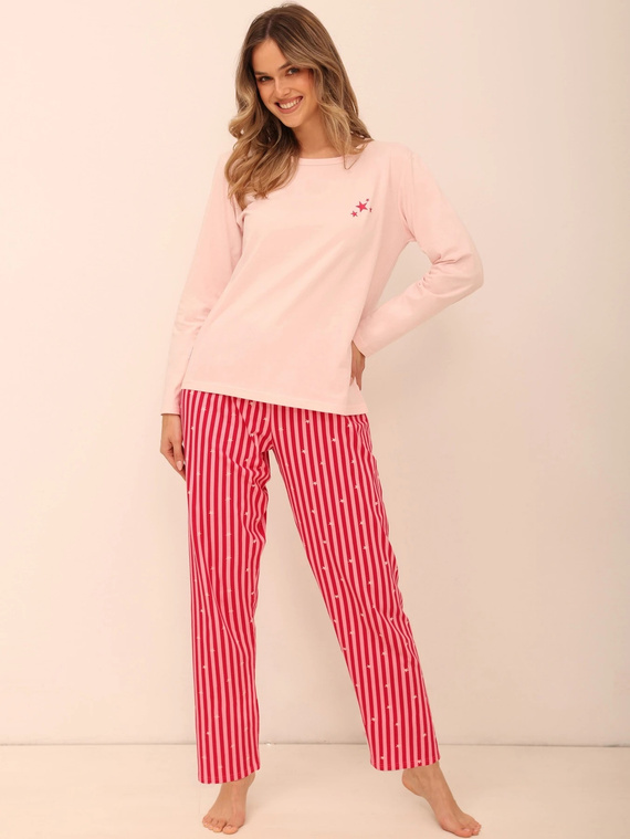 Pijama de mujer Taro 3687 Sela rosa navideña de algodón con pantalones largos