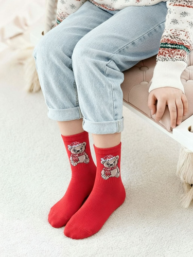 1306-009 Calcetines de Navidad para niña Milena algodón rojo, diseño osito