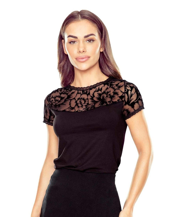 Elegante blusa de mujer Toshi Eldar negra | Estampado flocado, viscosa elástica, manga corta | Ideal para cualquier ocasión