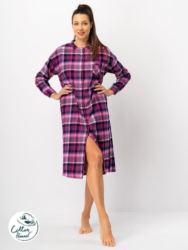 Camisa de mujer Key LND 490 franela de algodón fucsia, manga larga, botones